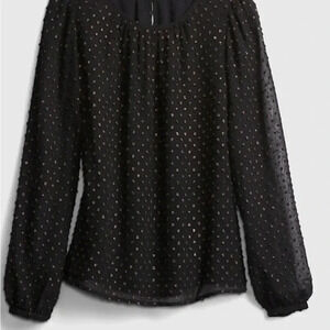 GAP Women's Black Blouse Copper Dots Sheer Long Sleeve Crew Neck Casual- Medium